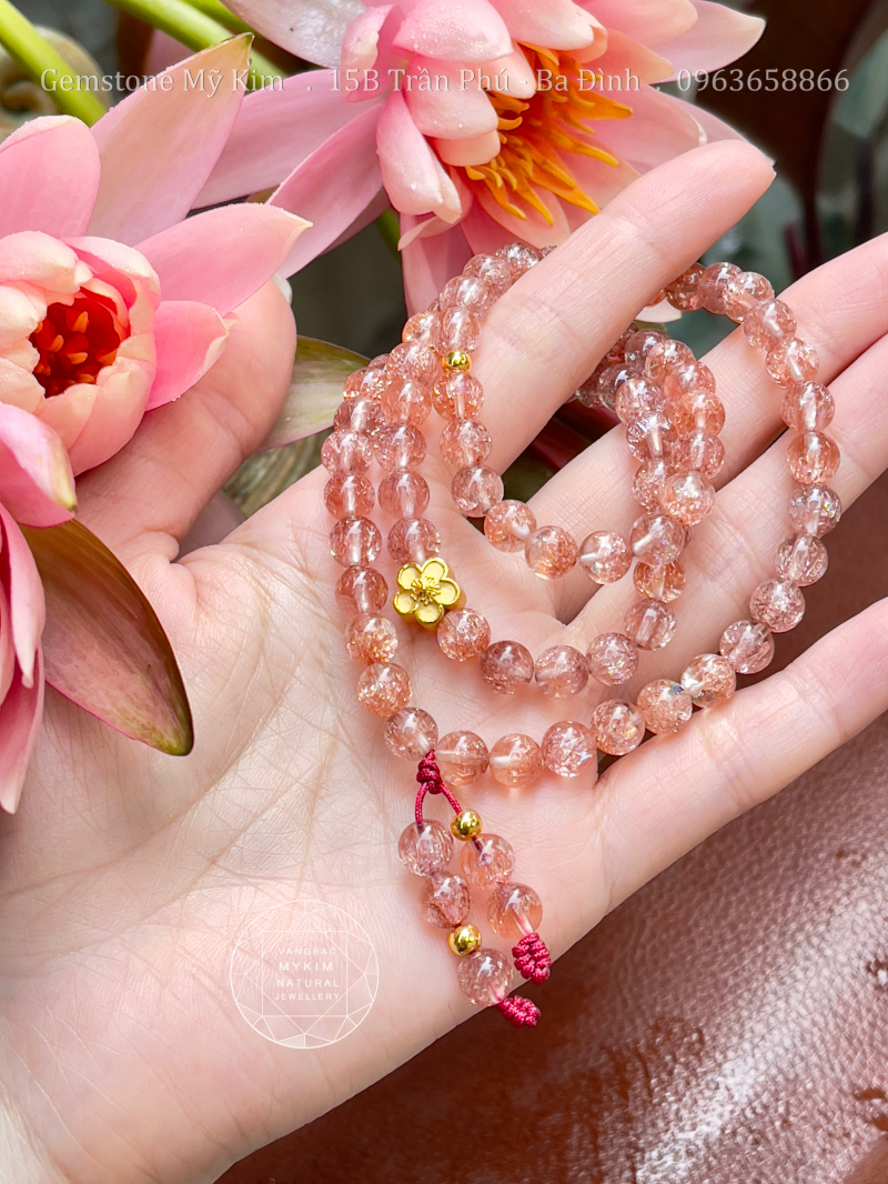 Chuỗi Thạch Anh Hồng Vân - Charm Hoa Mai Vàng 24k