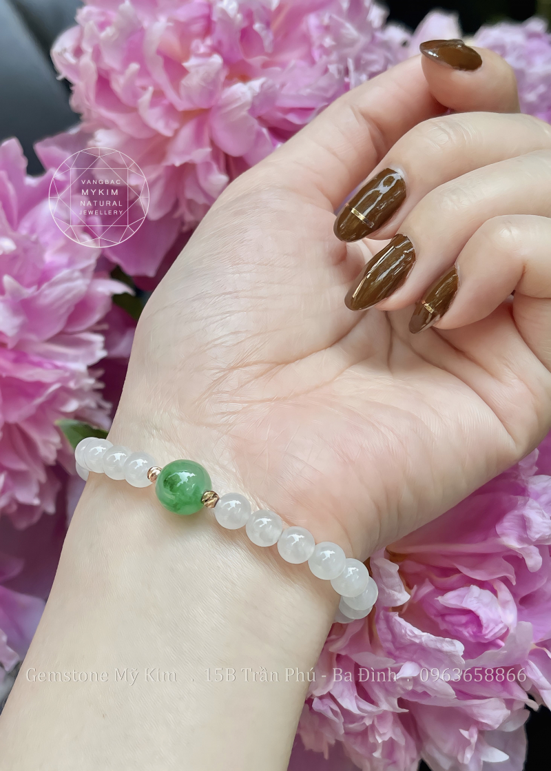 Vòng Băng Ngọc Phỉ Thuý - Jadeite VIP - Bi Vàng Hồng 18k