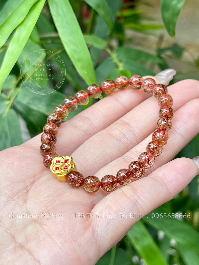 Vòng Thạch Anh Tóc Đỏ Vip - Charm Hoa Mai Vàng 24k