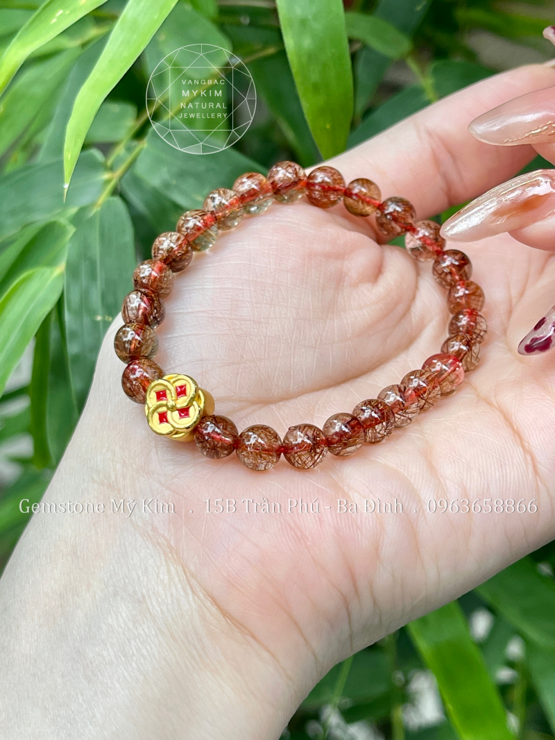 Vòng Thạch Anh Tóc Đỏ Vip - Charm Hoa Mai Vàng 24k