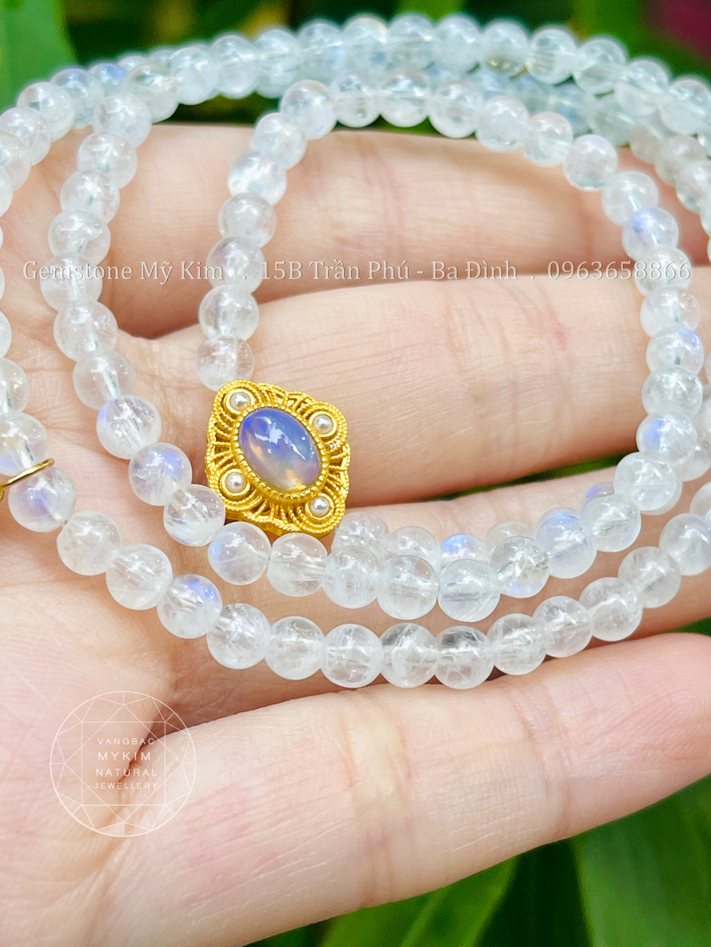 🌕💎 Vòng Đá Mặt Trăng VIP – Quấn 3 Vòng | Charm Opal Đính Ngọc Trai – Bạc Si Vàng Cao Cấp