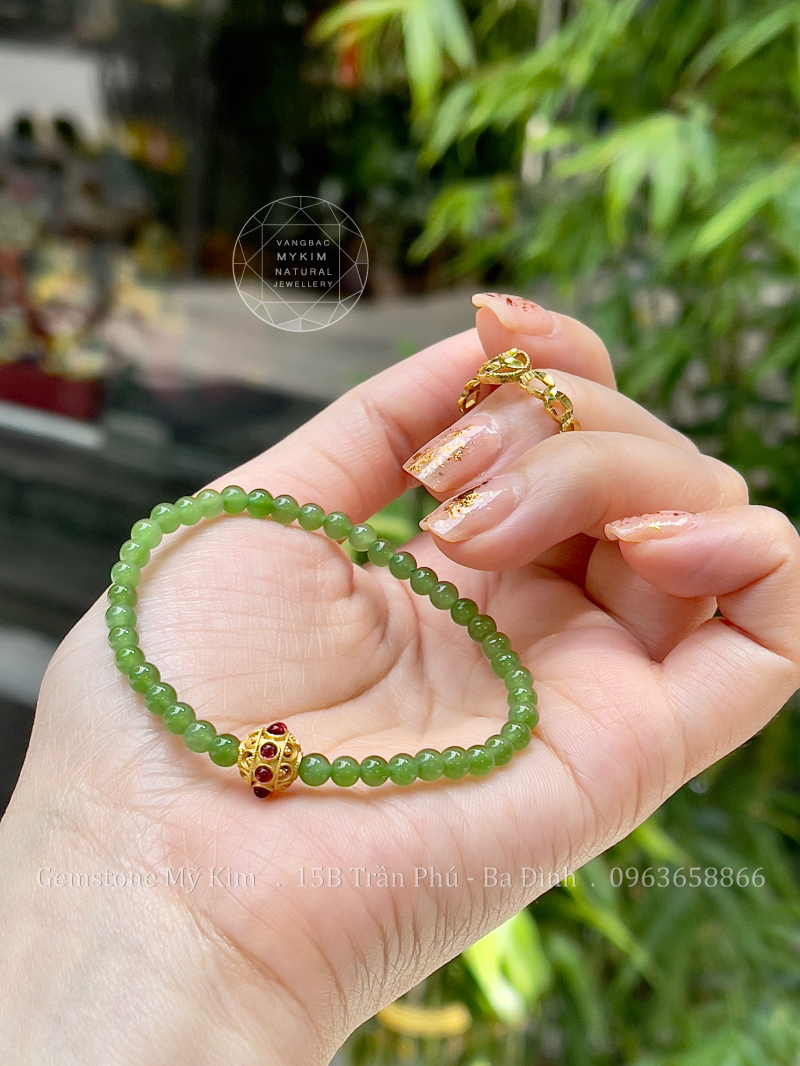 Vòng Ngọc Bích Nephrite • ✨ Charm Bi Bạc Si Vàng 24k • Trang Sức Phong Thủy Tài Lộc, Bình An