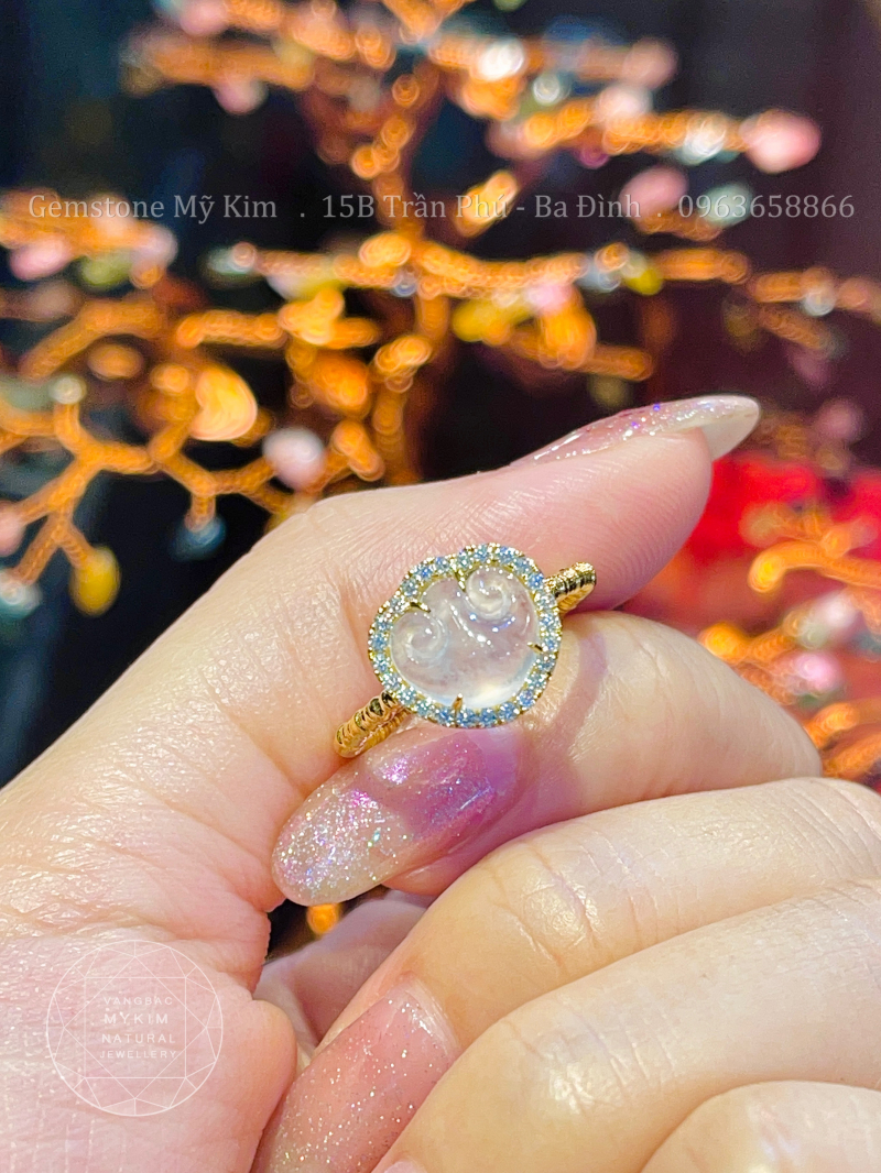 Nhẫn Khóa Trường Mệnh - Băng Ngọc Jadeite VIP 14k - Kim Moissanite
