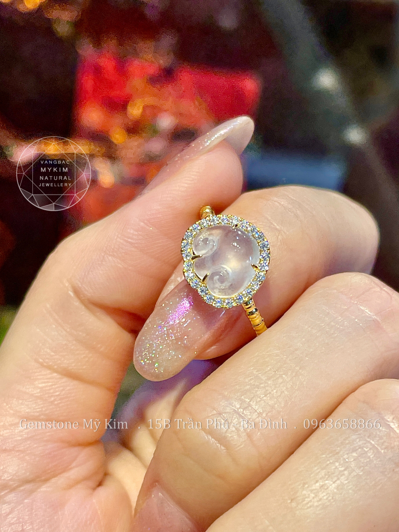 Nhẫn Khóa Trường Mệnh - Băng Ngọc Jadeite VIP 14k - Kim Moissanite