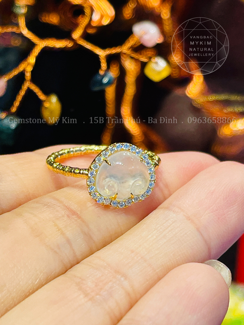 Nhẫn Khóa Trường Mệnh - Băng Ngọc Jadeite VIP 14k - Kim Moissanite