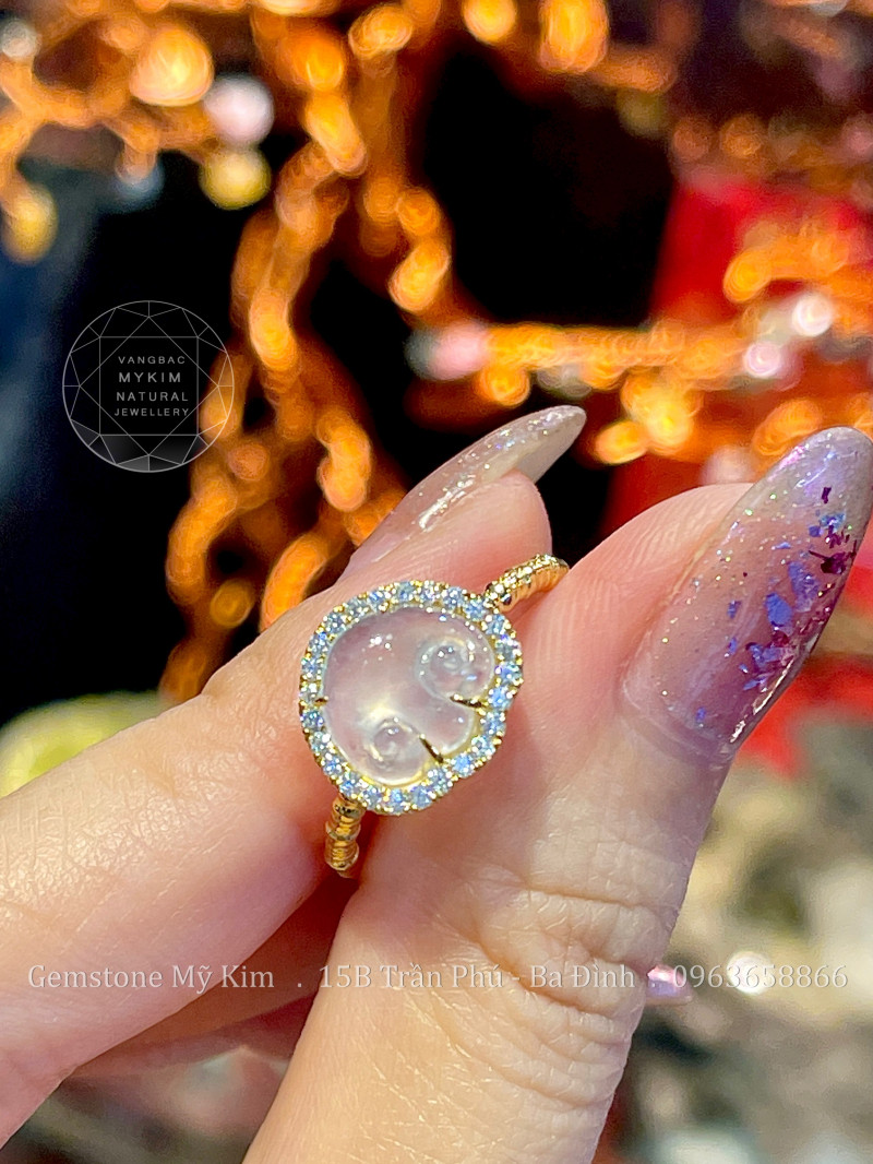 Nhẫn Khóa Trường Mệnh - Băng Ngọc Jadeite VIP 14k - Kim Moissanite
