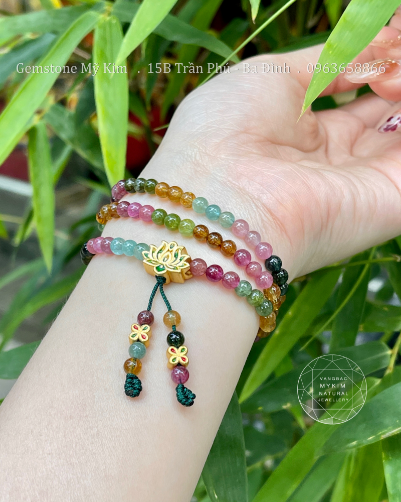 Chuỗi Vòng Đá Tourmaline VIP - Charm Hoa Sen - Cỏ Bốn Lá Vàng 24k