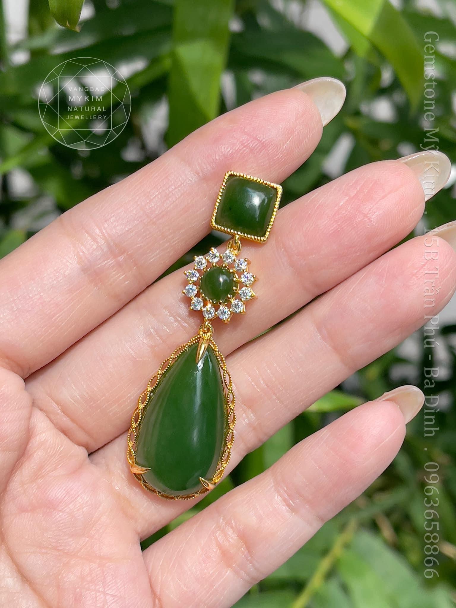 Bông Tai Ngọc Bích Nephrite - Kim cương Moissanite ( 1 chiếc) - Vàng 18k