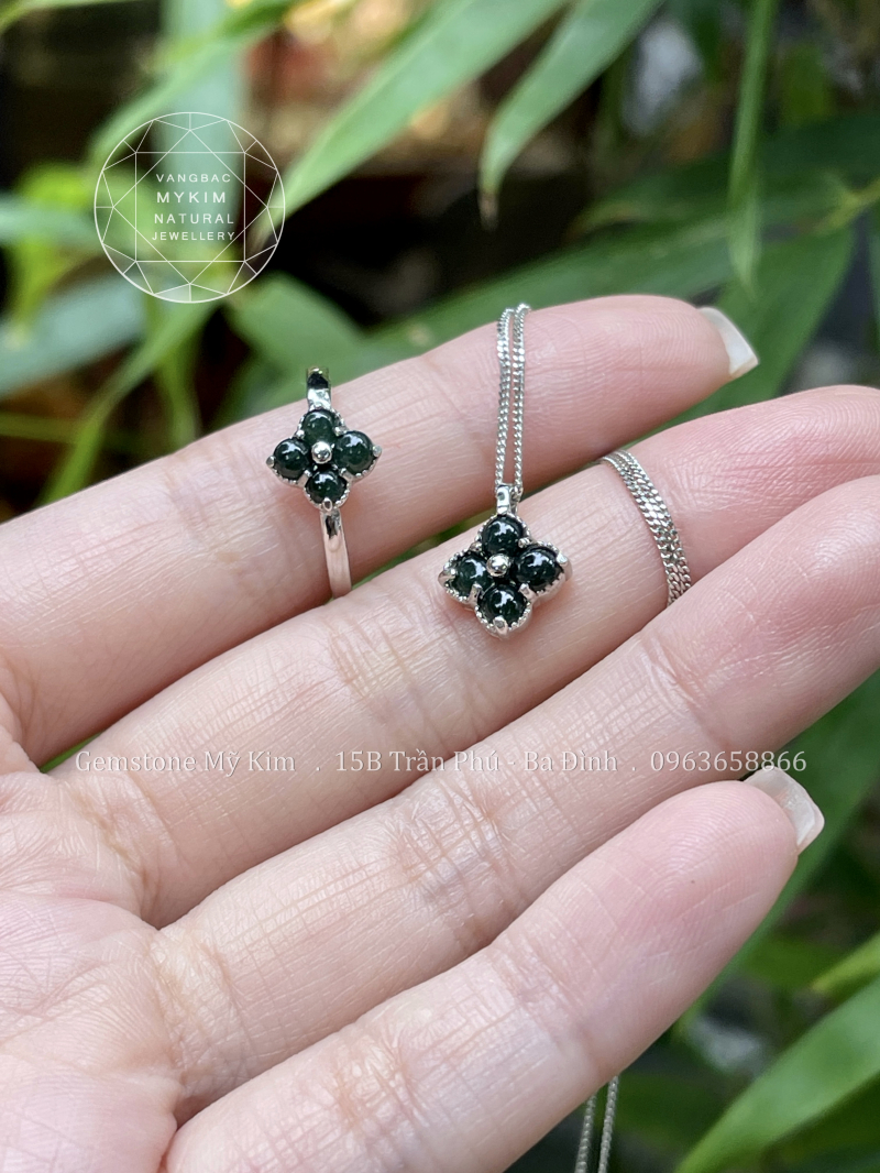 Set Ngọc Phỉ Thúy Cỏ Bốn Lá Xanh Rêu - Bạc 925 si vàng trắng cao cấp
