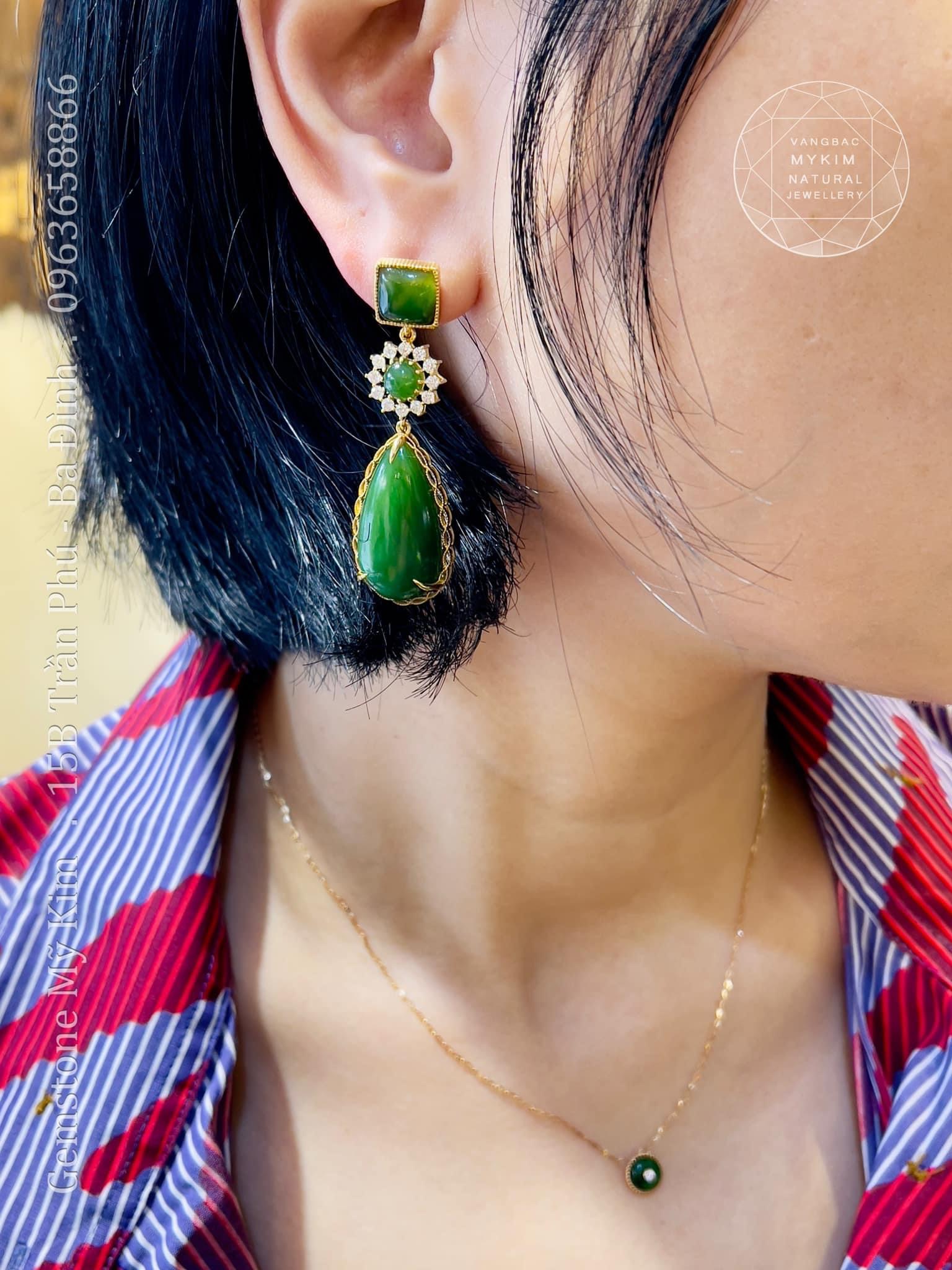 Bông Tai Ngọc Bích Nephrite - Kim cương Moissanite ( 1 chiếc) - Vàng 18k