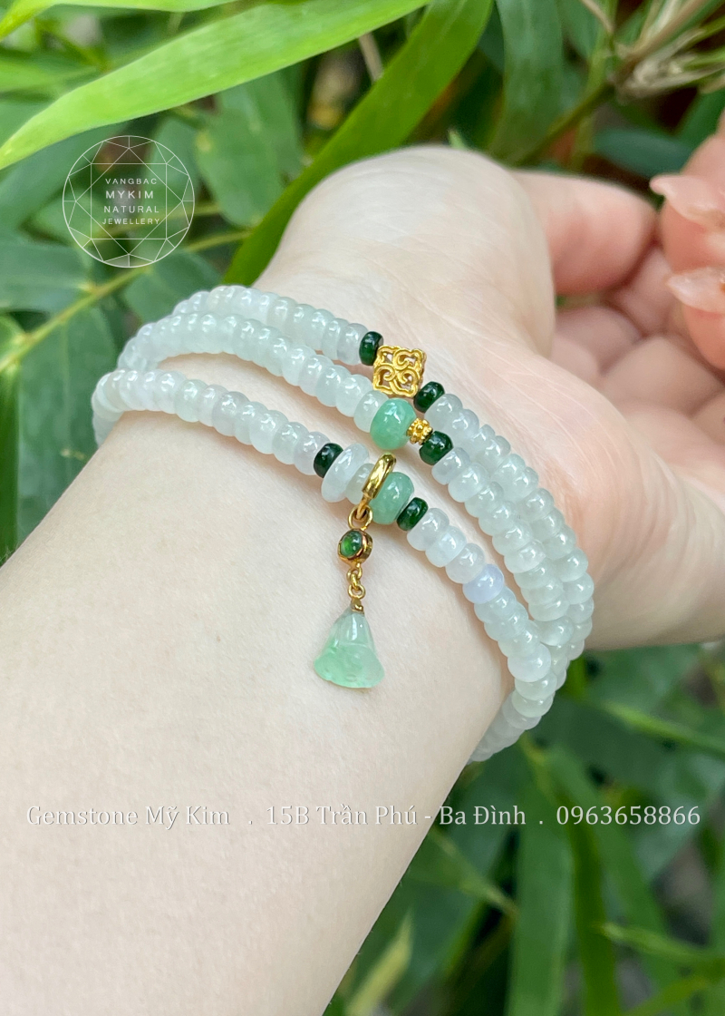 Chuỗi 3 vòng Băng Ngọc Phỉ Thúy Jadeite Vip mix Charm Vàng