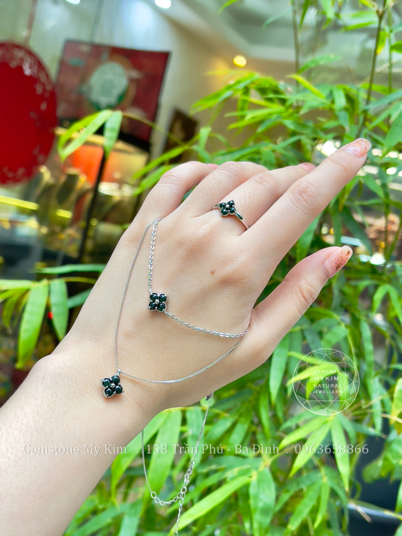 Set Ngọc Phỉ Thúy Cỏ Bốn Lá Xanh Rêu - Bạc 925 si vàng trắng cao cấp