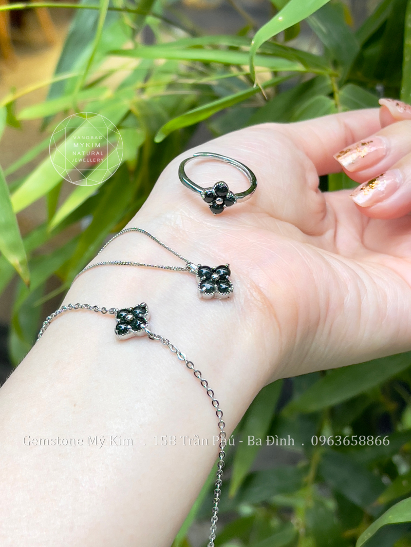 Set Ngọc Phỉ Thúy Cỏ Bốn Lá Xanh Rêu - Bạc 925 si vàng trắng cao cấp