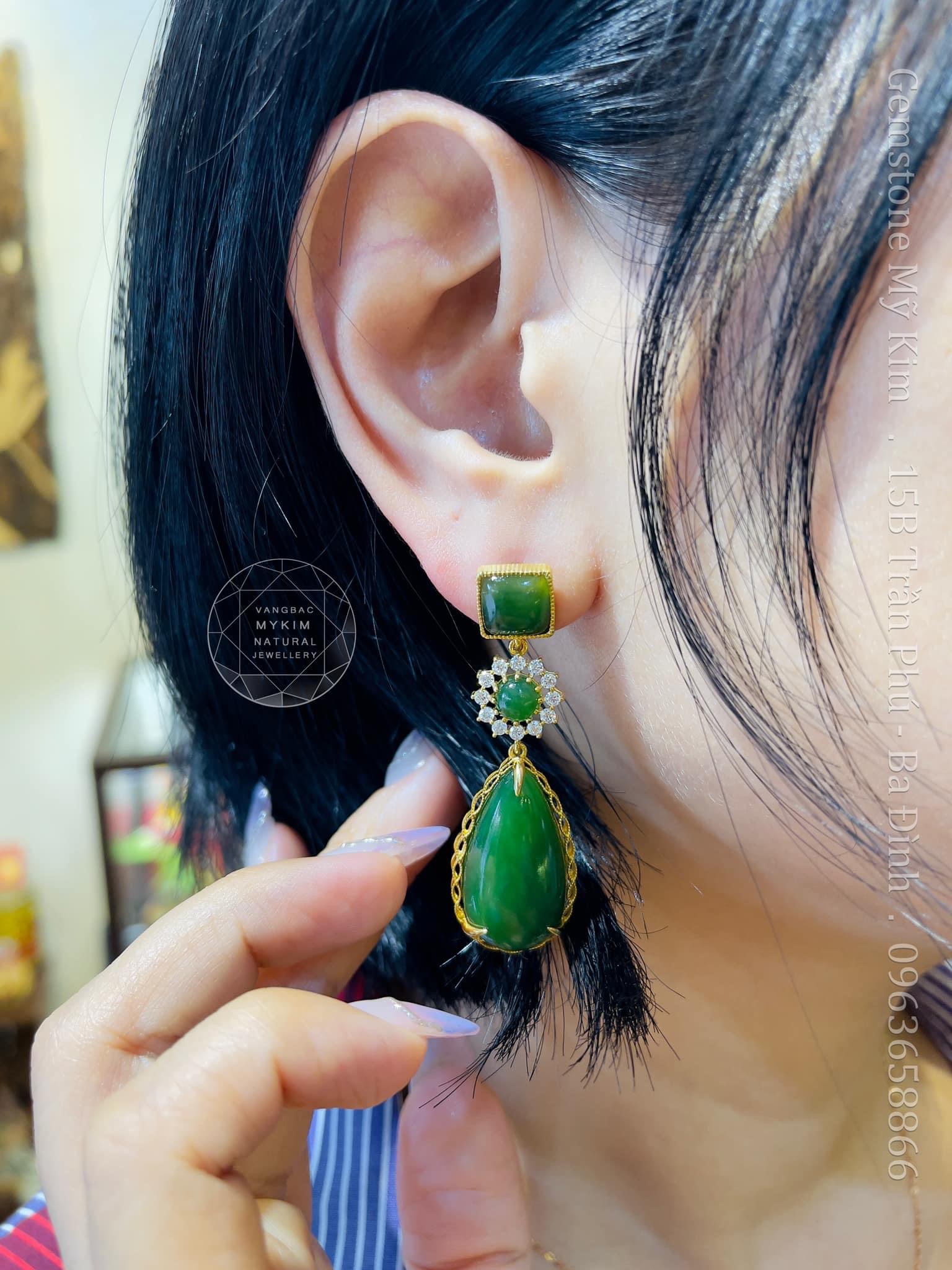 Bông Tai Ngọc Bích Nephrite - Kim cương Moissanite ( 1 chiếc) - Vàng 18k