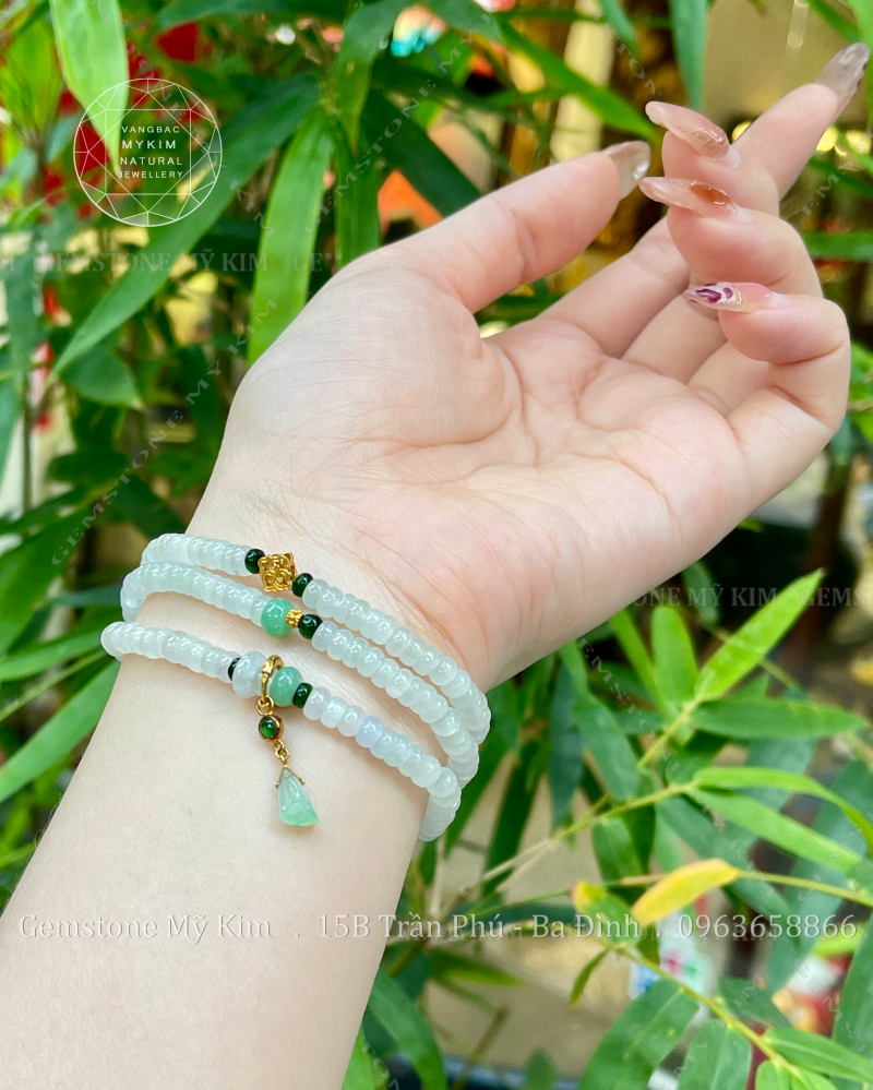 Chuỗi 3 vòng Băng Ngọc Phỉ Thúy Jadeite Vip mix Charm Vàng