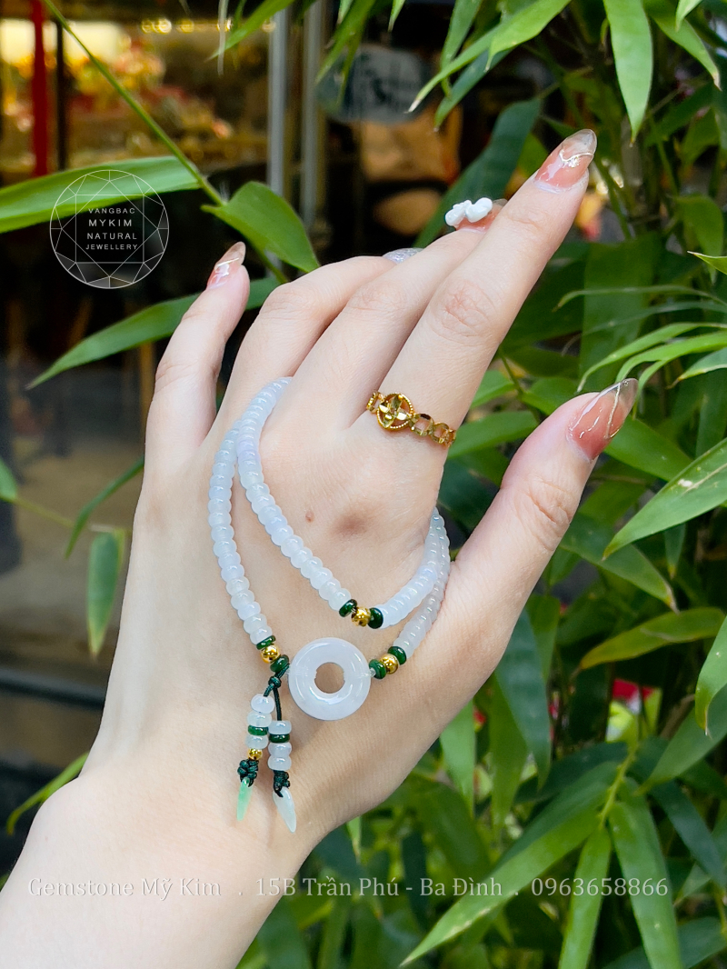 ❄️ Vòng Ngọc Phỉ Thúy Đồng Điếu Băng Trắng – Mix bi Vàng