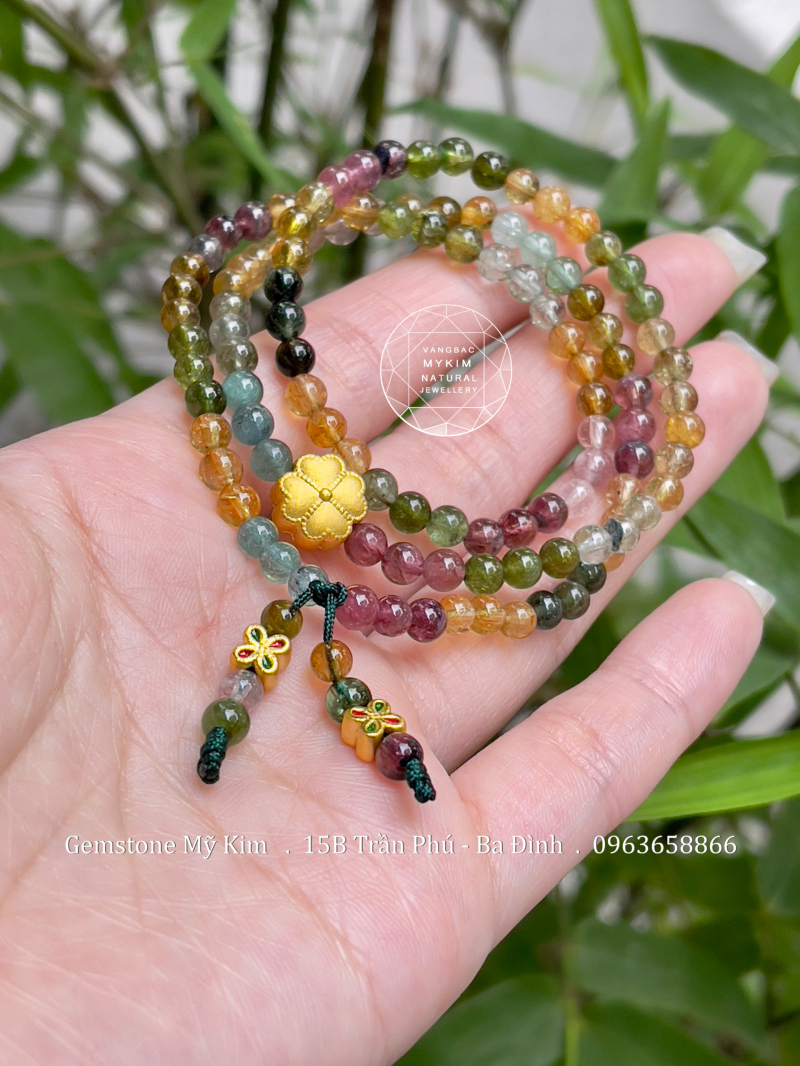 Chuỗi Tourmaline Đa Sắc VIP - Charm Hoa Bốn Lá Vàng 24k