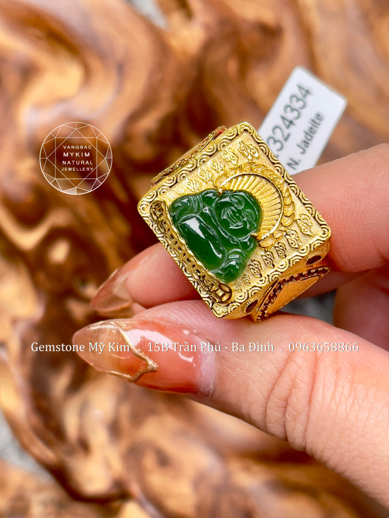 Nhẫn Phật Di Lặc Ngọc Phỉ Thúy - Jadeite Vip đính Granat - Vàng 14k