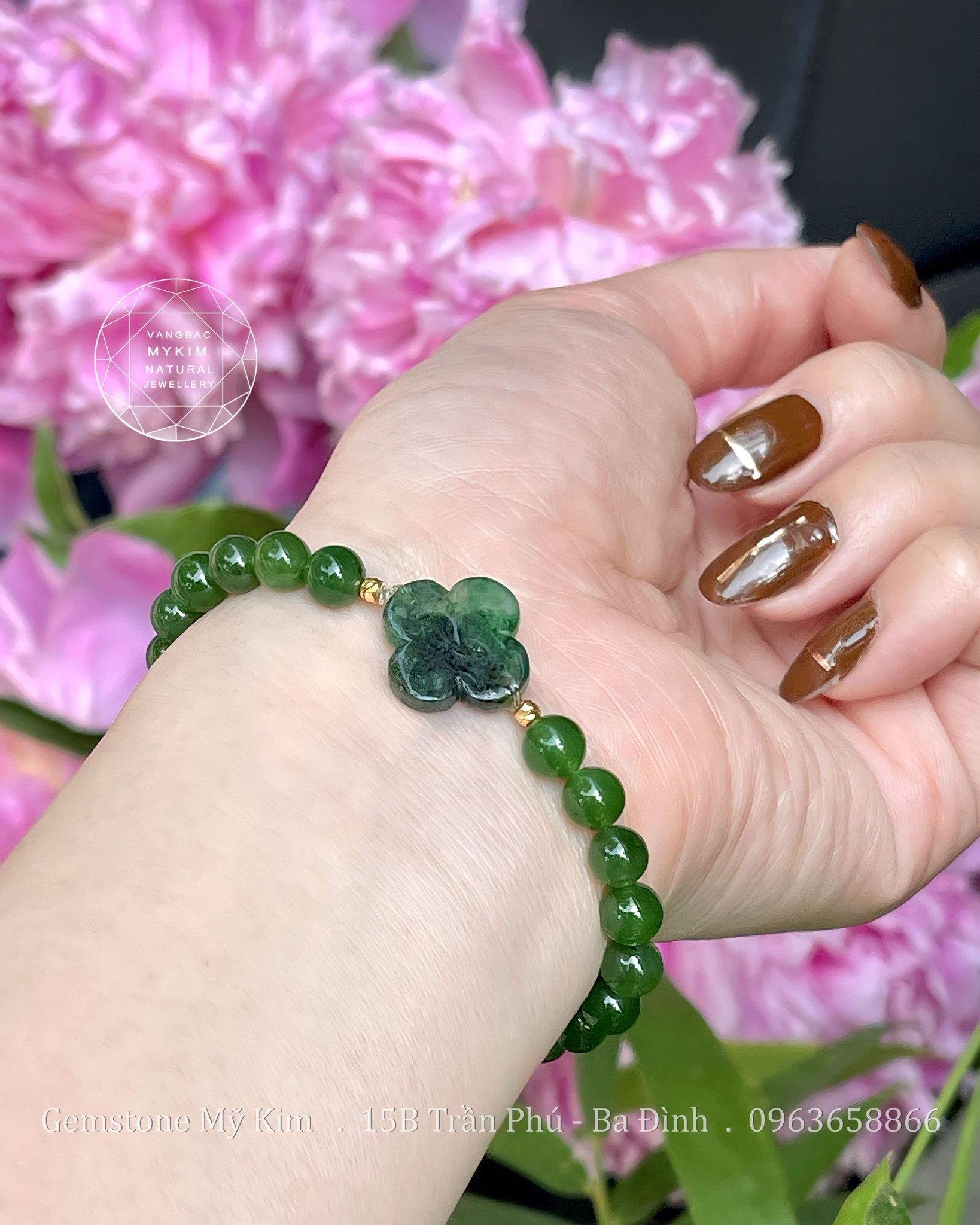 Vòng Ngọc Bích Nephrite mix Cỏ Bốn Lá Jadeite - Vàng 10k