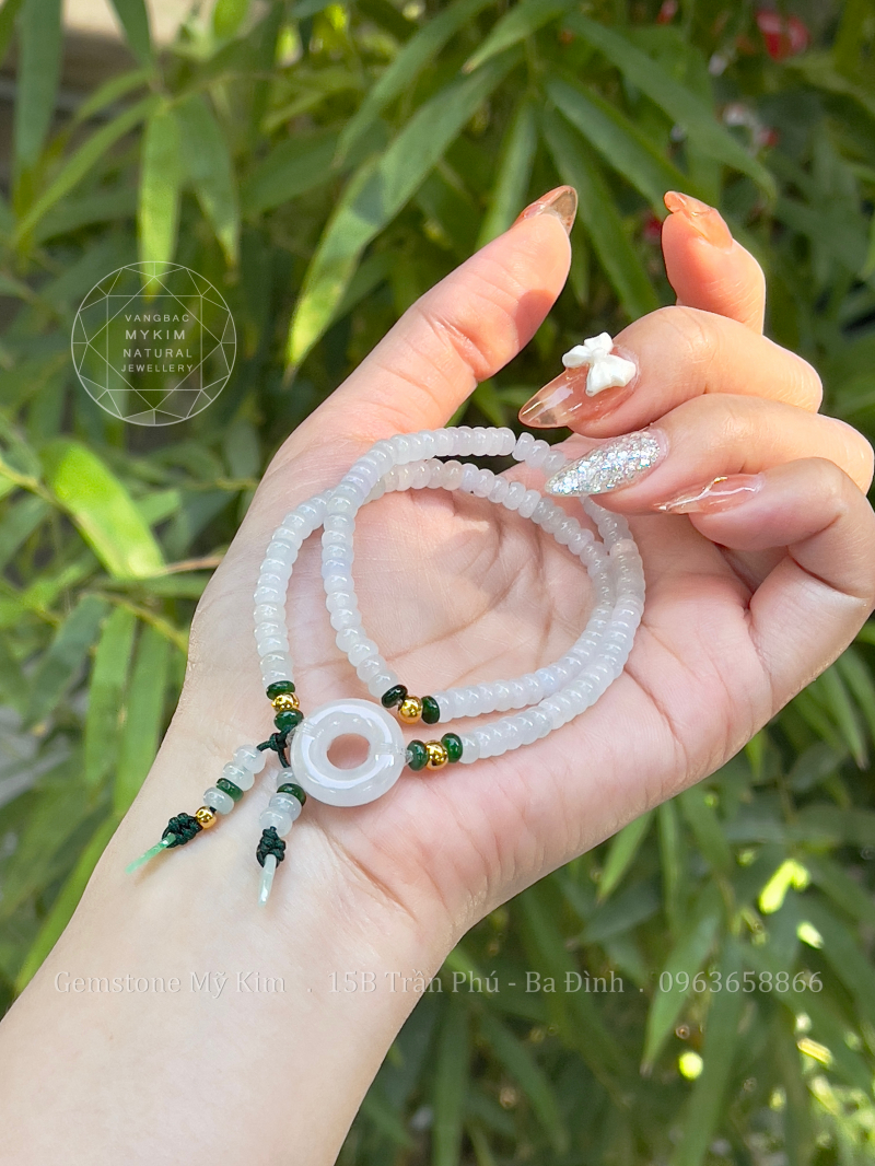 ❄️ Vòng Ngọc Phỉ Thúy Đồng Điếu Băng Trắng – Mix bi Vàng