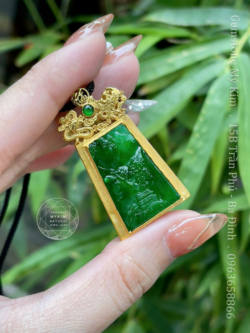 🐉 Mặt Dây Long Phụng – Ngọc Phỉ Thúy Jadeite VIP – Bọc Vàng 14K