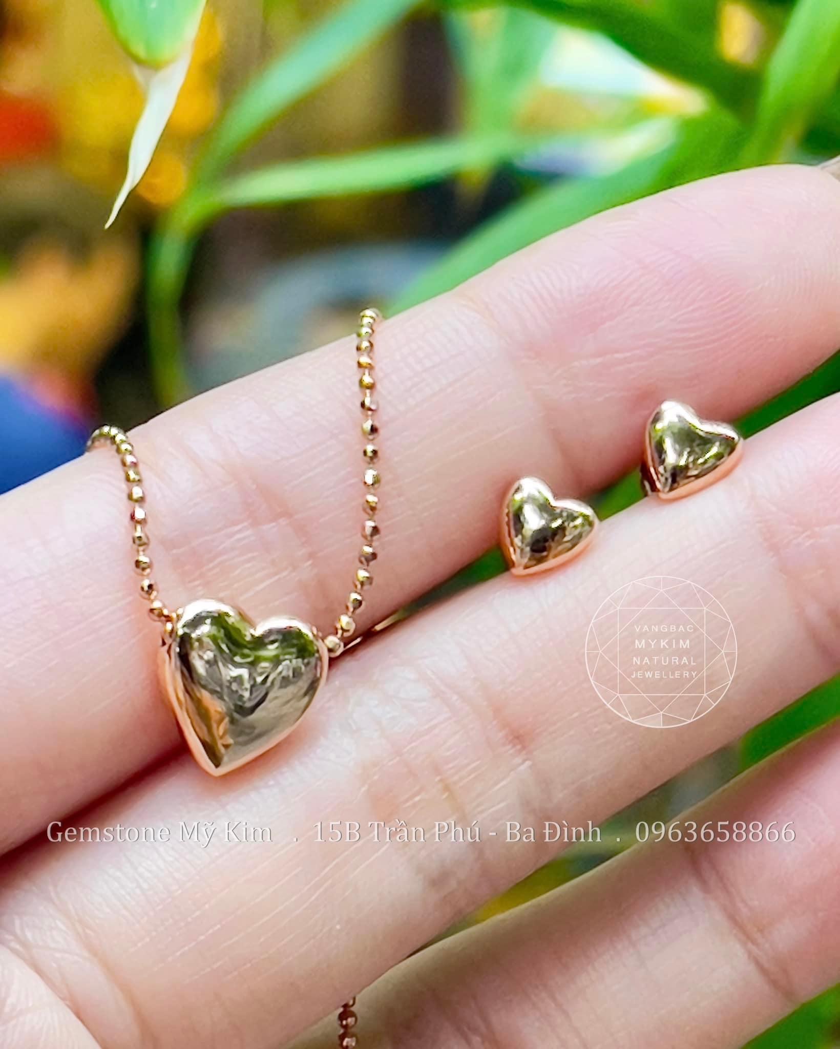 Set Dây Chuyền - Bông Tai Trái Tim - Vàng Hồng 10k