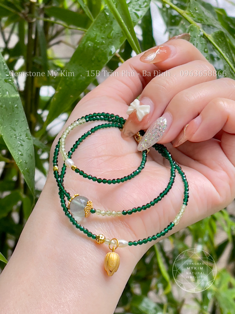 Chuỗi Vòng Thạch Anh Xanh mix Bi Vàng 10k - Charm Bạc si Vàng 24k cao cấp - Ngọc Trai TN
