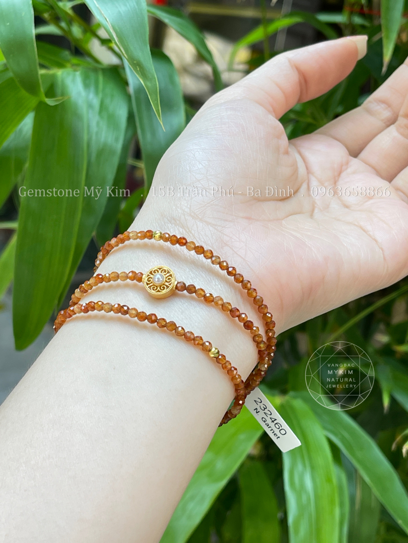 🧡 Vòng Garnet Nâu Cam VIP – Bi Vàng 10K | Charm Bạc Mạ Vàng Cao Cấp