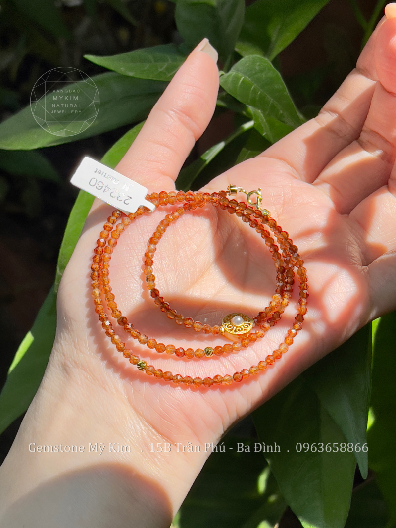 🧡 Vòng Garnet Nâu Cam VIP – Bi Vàng 10K | Charm Bạc Mạ Vàng Cao Cấp