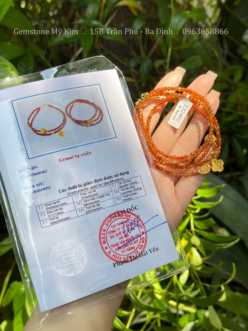 🧡 Vòng Garnet Nâu Cam VIP – Bi Vàng 10K | Charm Bạc Mạ Vàng Cao Cấp