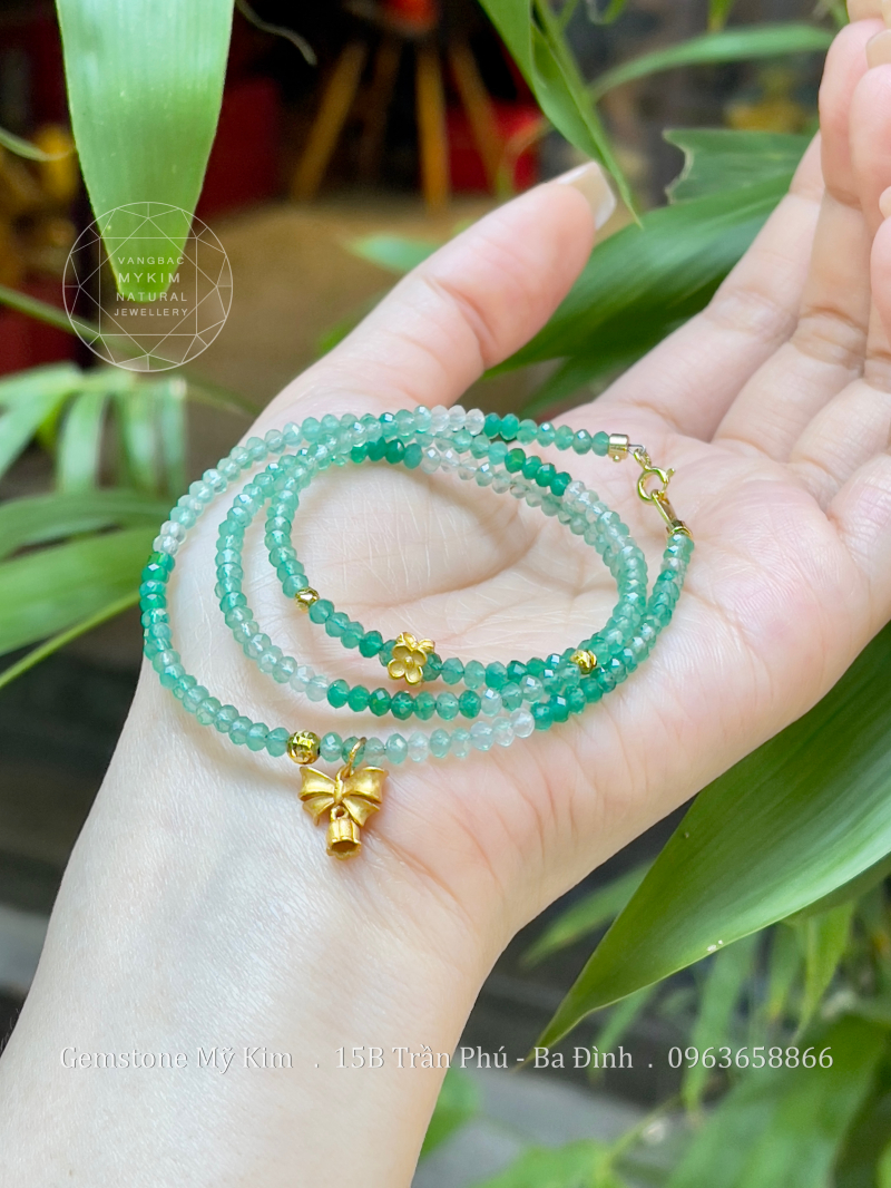 Set 3 Vòng Đá Agate xanh lục bảo mix Bi Vàng 10k - Charm Bạc mạ vàng 24k