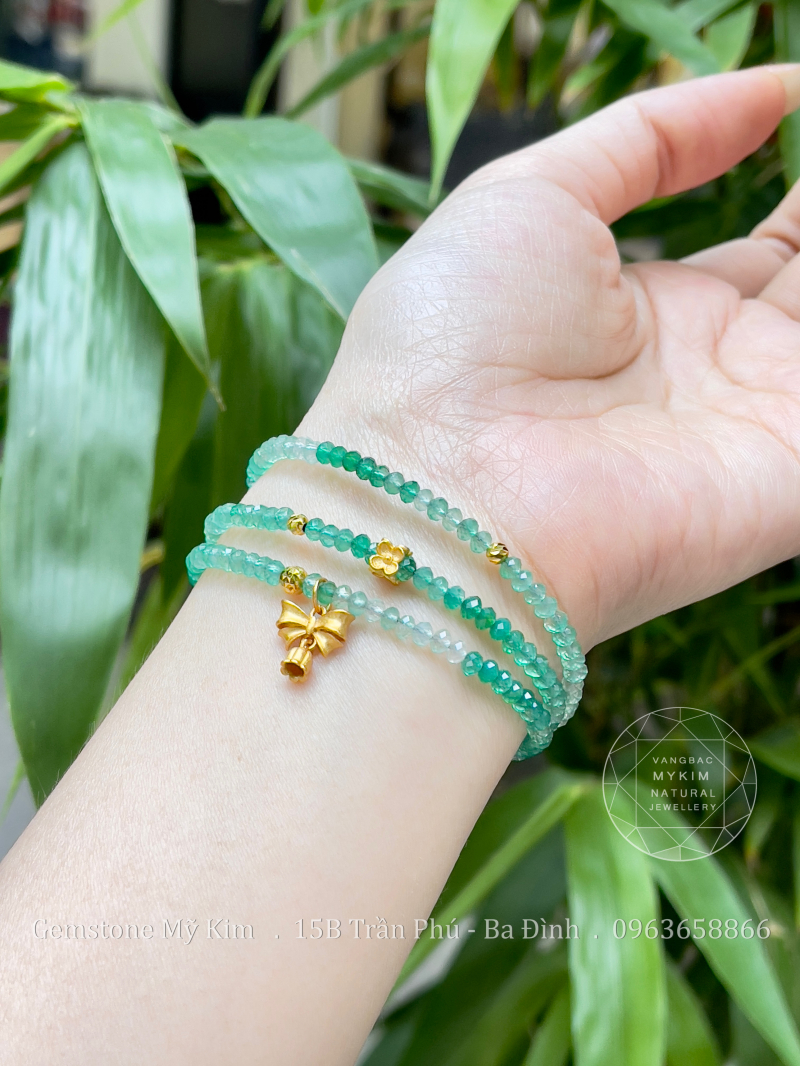 Set 3 Vòng Đá Agate xanh lục bảo mix Bi Vàng 10k - Charm Bạc mạ vàng 24k