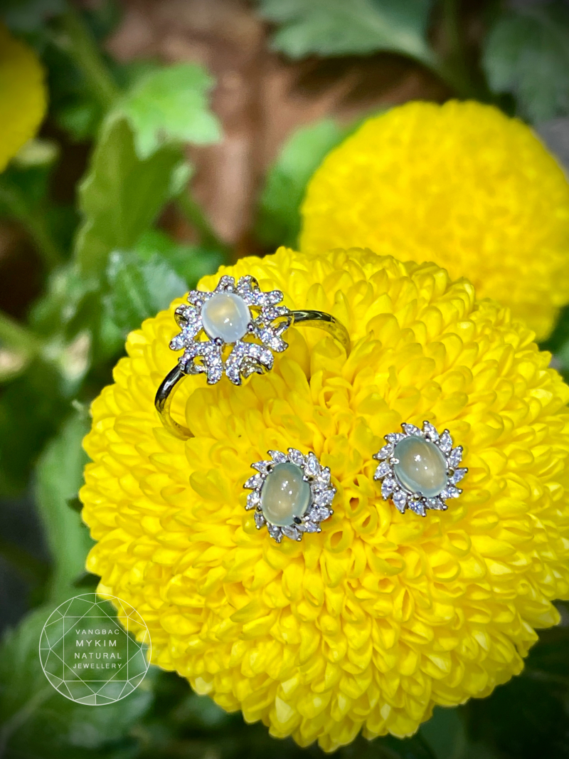 Set Nhẫn và Bông Tai Băng Ngọc Phỉ Thuý - Jadeite Vip Myanmar - Bạc si vàng trắng