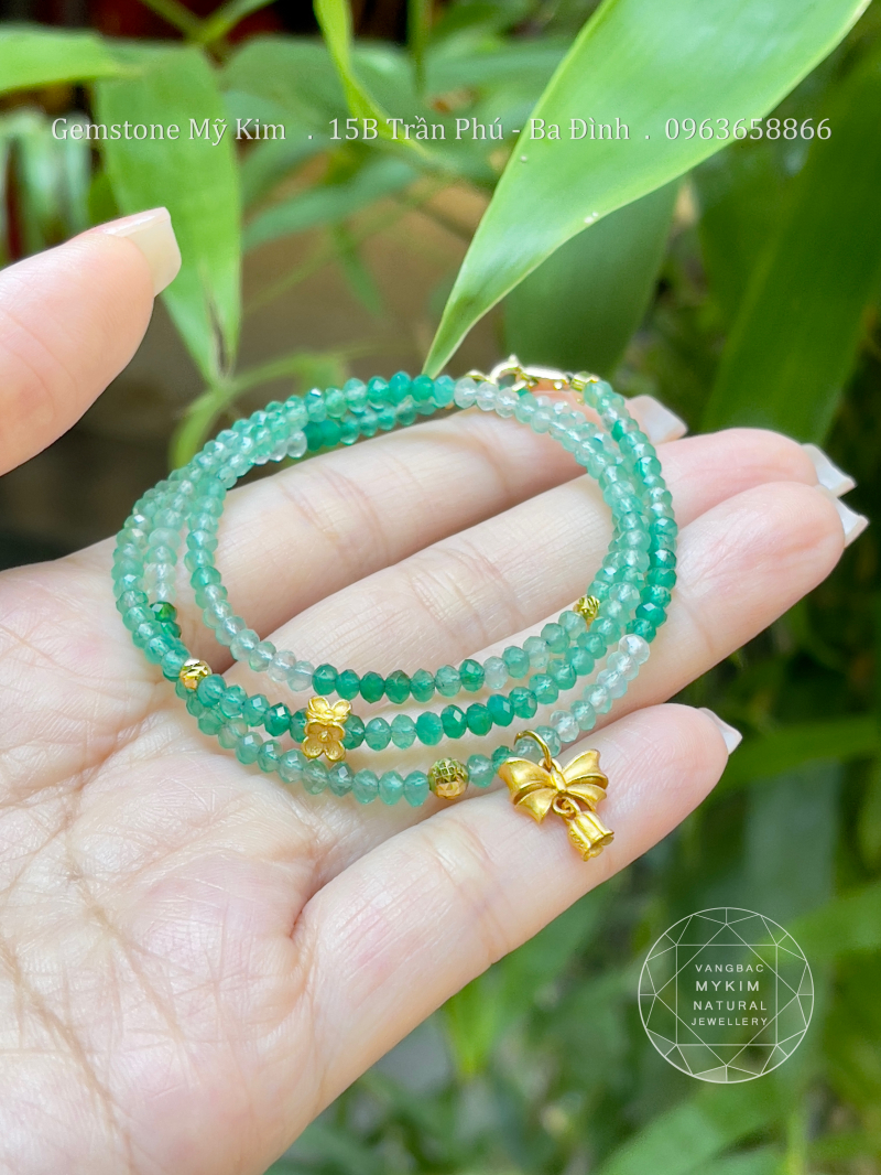 Set 3 Vòng Đá Agate xanh lục bảo mix Bi Vàng 10k - Charm Bạc mạ vàng 24k