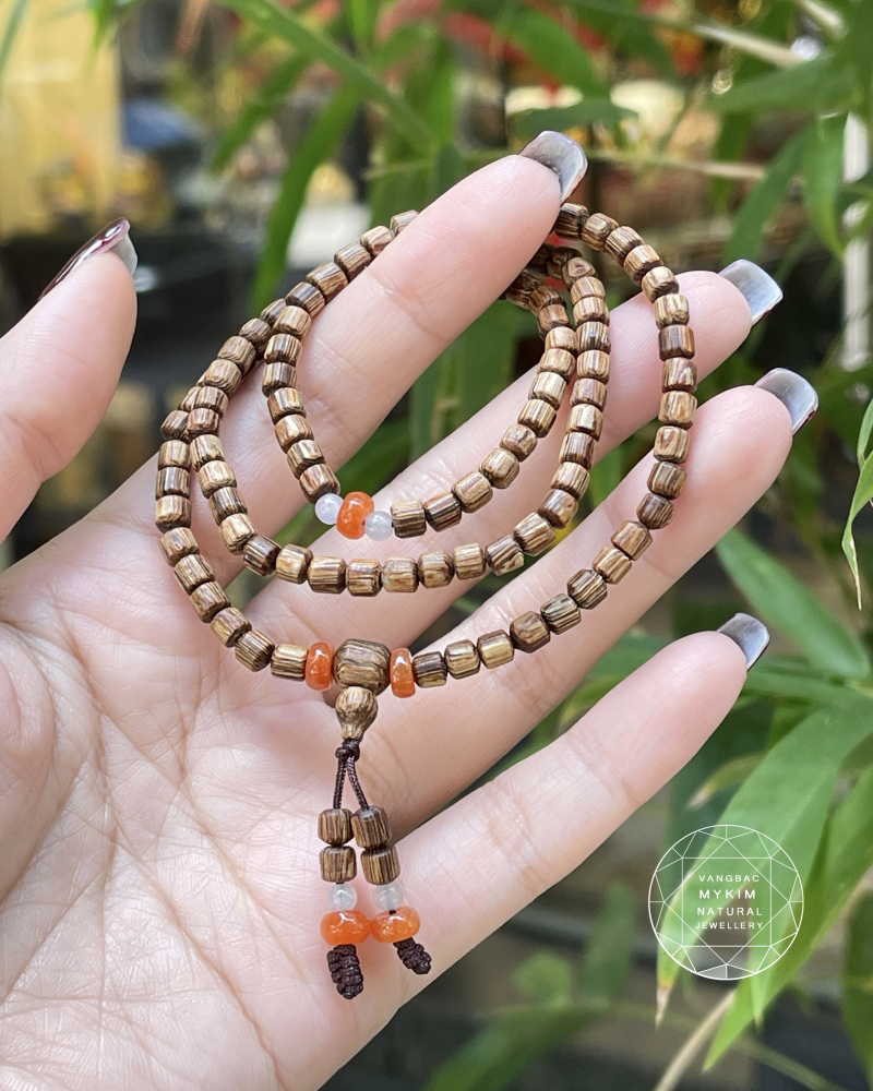 Chuỗi Vòng Trầm Indo Đốt Trúc mix Ngọc Phỉ Thúy Cam Hoàng Huyết