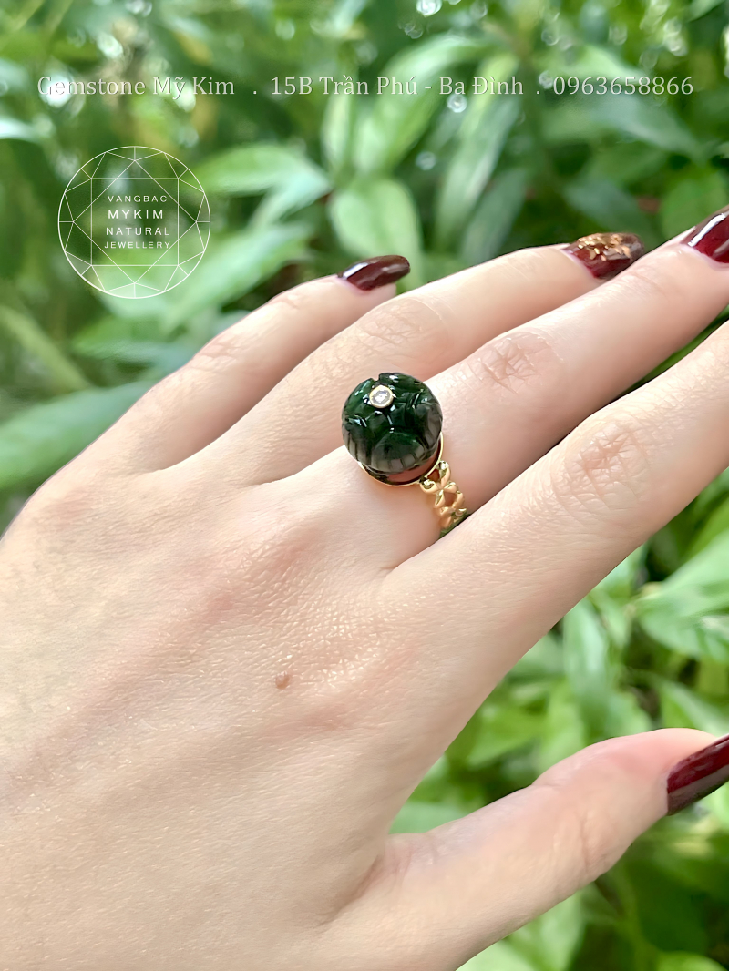 Nhẫn Hoa Sen Ngọc Phỉ Thúy Jadeite VIP - Vàng 14k - Kim Mois