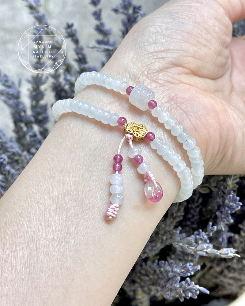 Chuỗi Vòng Băng Ngọc Phỉ Thuý Jadeite Vip mix Vàng 18k - Tourmaline Hồng
