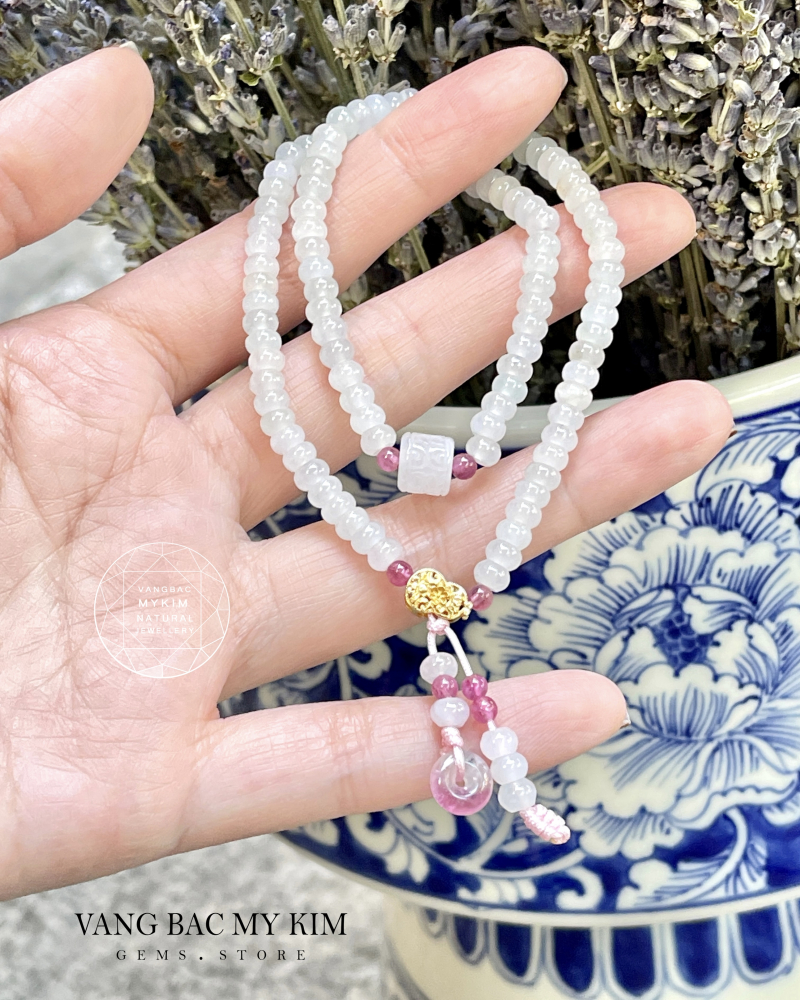 Chuỗi Vòng Băng Ngọc Phỉ Thuý Jadeite Vip mix Vàng 18k - Tourmaline Hồng