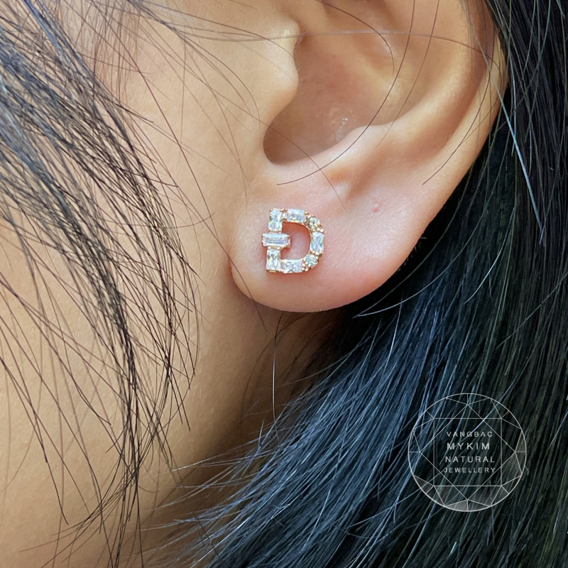 Bông Tai Chữ Đá Vuông - Vàng Hồng 14k sz 8x6mm