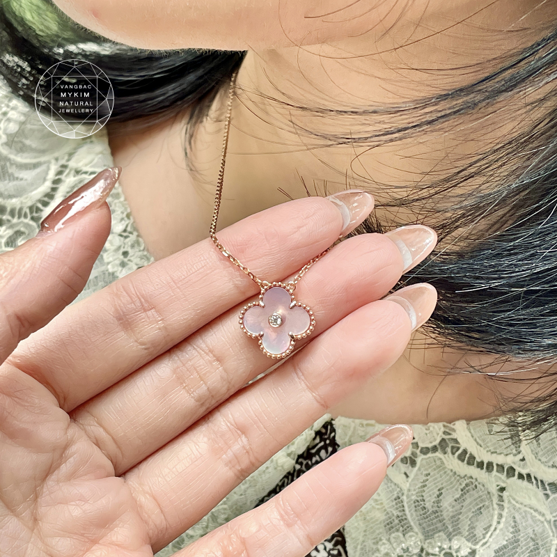 Set dây chuyền - Bông Tai Cỏ Bốn Lá đính Kim Cương - Vàng Hồng 18k