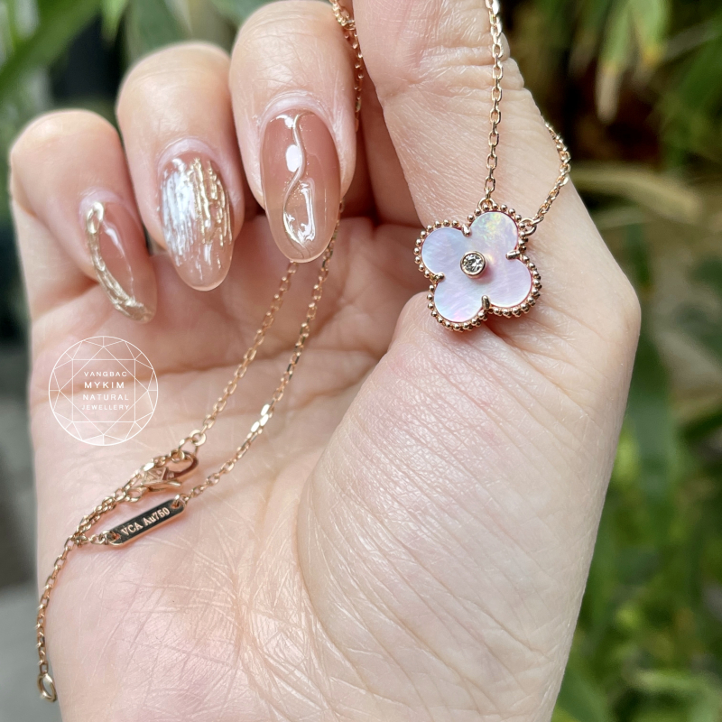 Set dây chuyền - Bông Tai Cỏ Bốn Lá đính Kim Cương - Vàng Hồng 18k