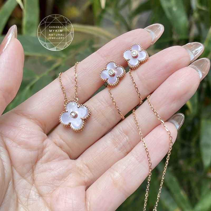 Set dây chuyền - Bông Tai Cỏ Bốn Lá đính Kim Cương - Vàng Hồng 18k