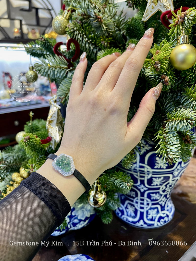 Dây Da Tỳ Hưu Jadeite Vip Hoa Bay - Vàng Trắng 14k Kim Cương Moissanite