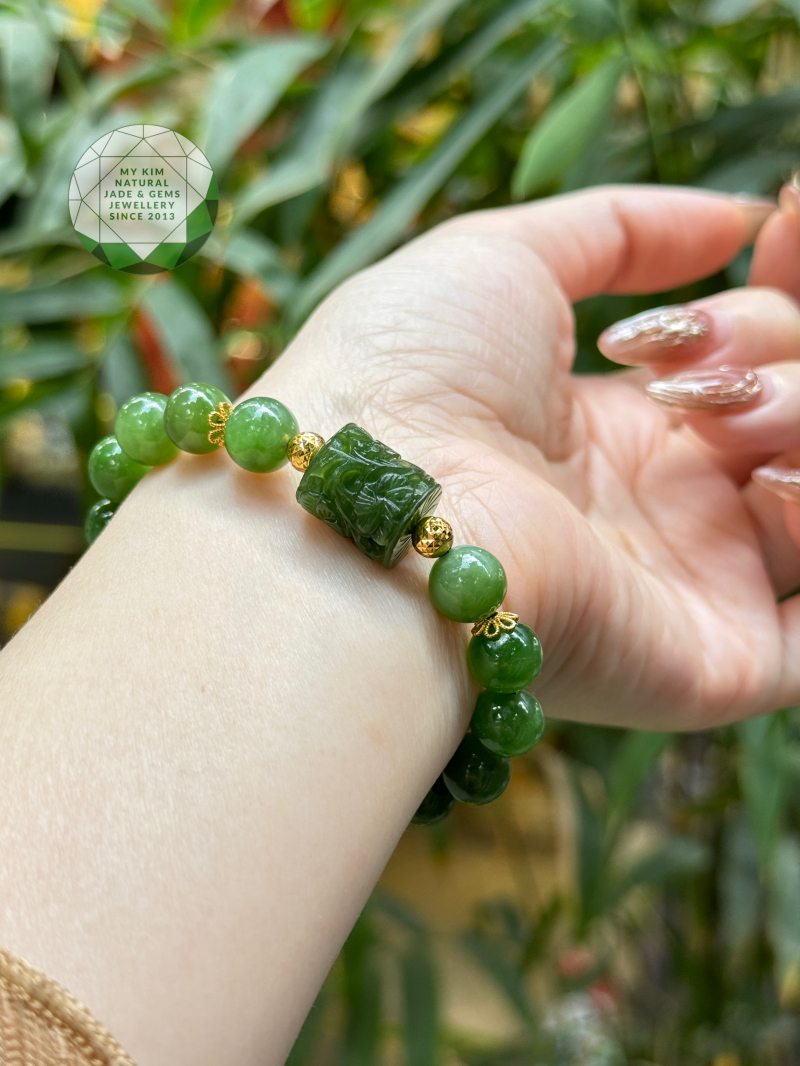 Vòng Ngọc Bích Nephrite Mix Charm Điêu Khắc • ✨ Vàng 10k • Trang Sức Phong Thủy Tài Lộc, Bình An