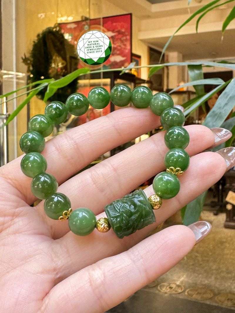 Vòng Ngọc Bích Nephrite mix Charm Điêu Khắc - Vàng 10k
