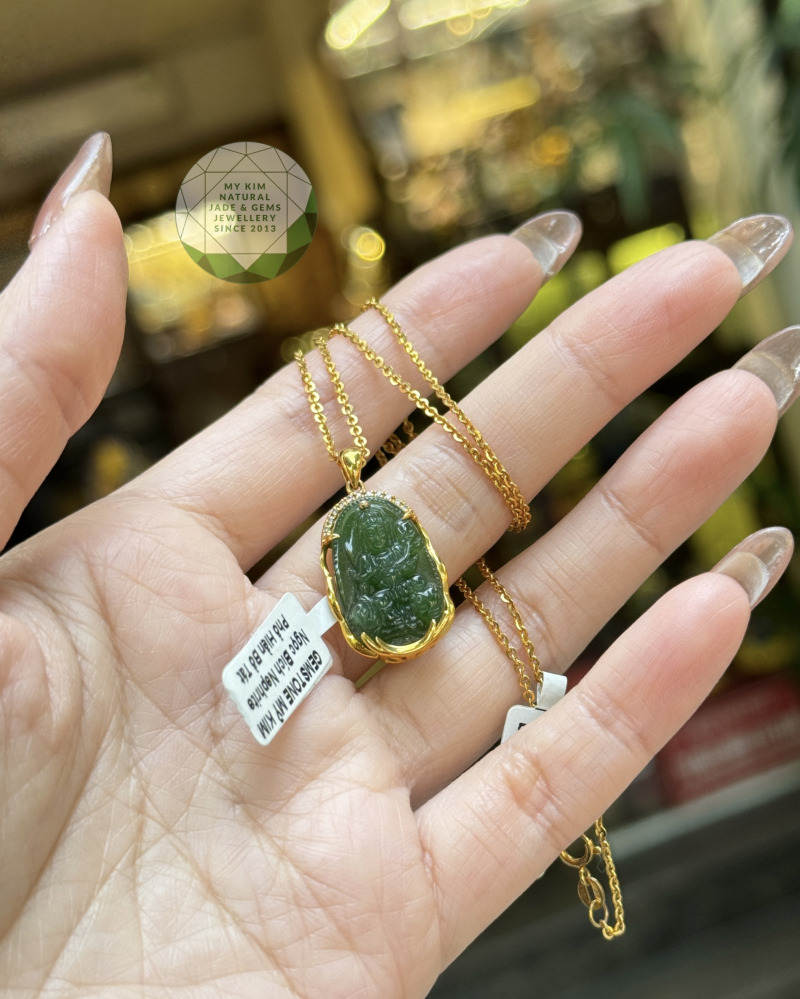 Mặt Phật Bản Mệnh Phổ Hiền Bồ Tát Ngọc Bích - đính kim cương TN - Vàng 10k