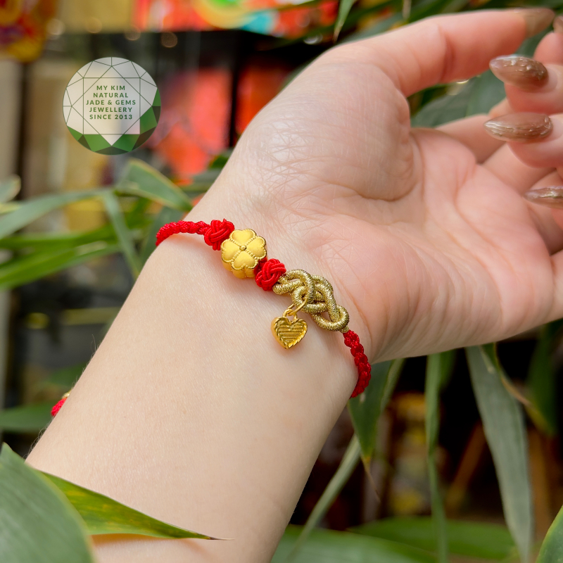 Dây Tết Chỉ Đỏ - Charm Cỏ Bốn Lá - Tim Treo Vàng 24k