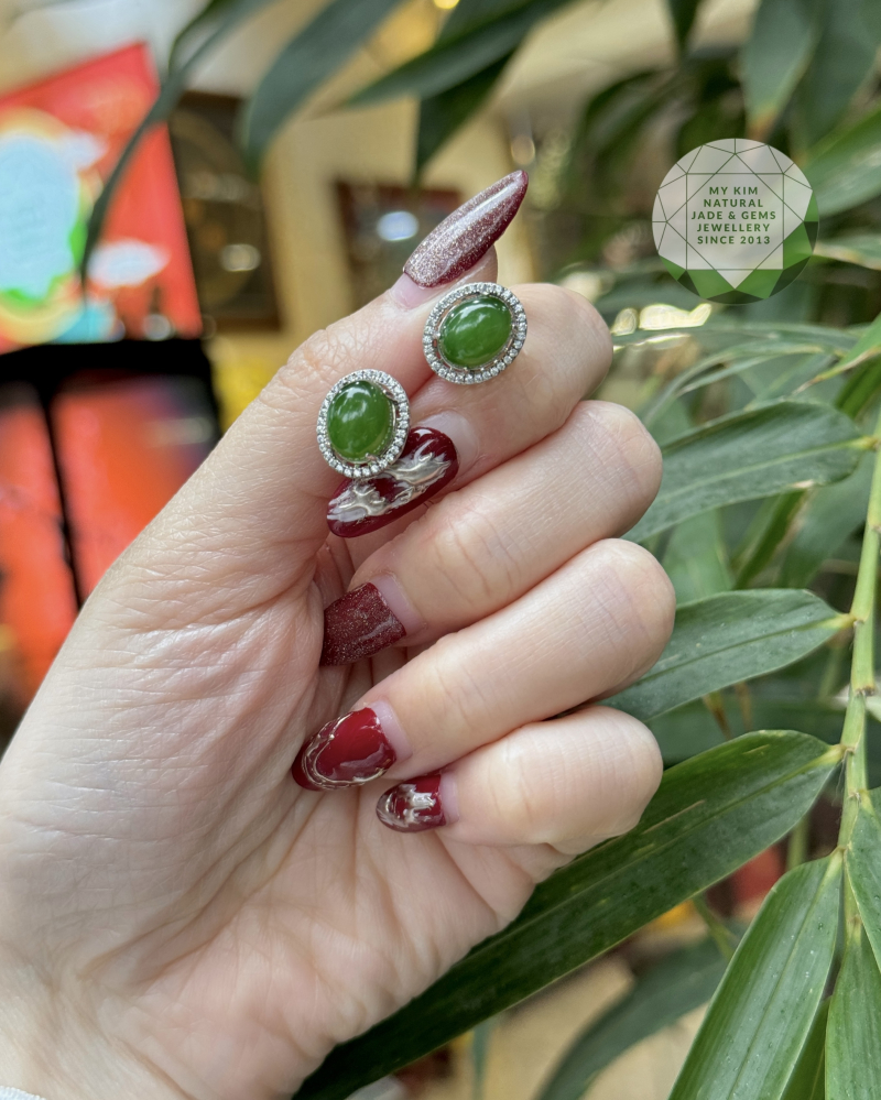 Bông Tai Ngọc Bích Nephrite Viên Bầu Dục • ✨ Bạc Si Vàng Trắng • Trang Sức Phong Thủy Tài Lộc, Bình An