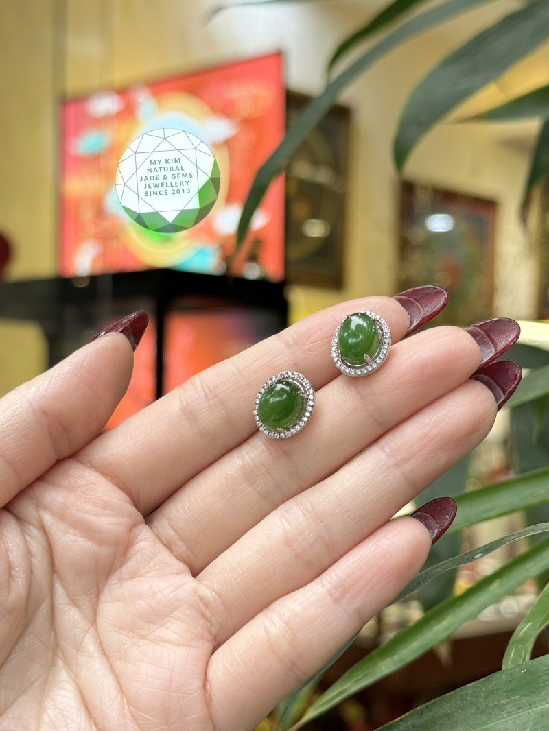 Bông Tai Ngọc Bích Nephrite Viên Bầu Dục • ✨ Bạc Si Vàng Trắng • Trang Sức Phong Thủy Tài Lộc, Bình An