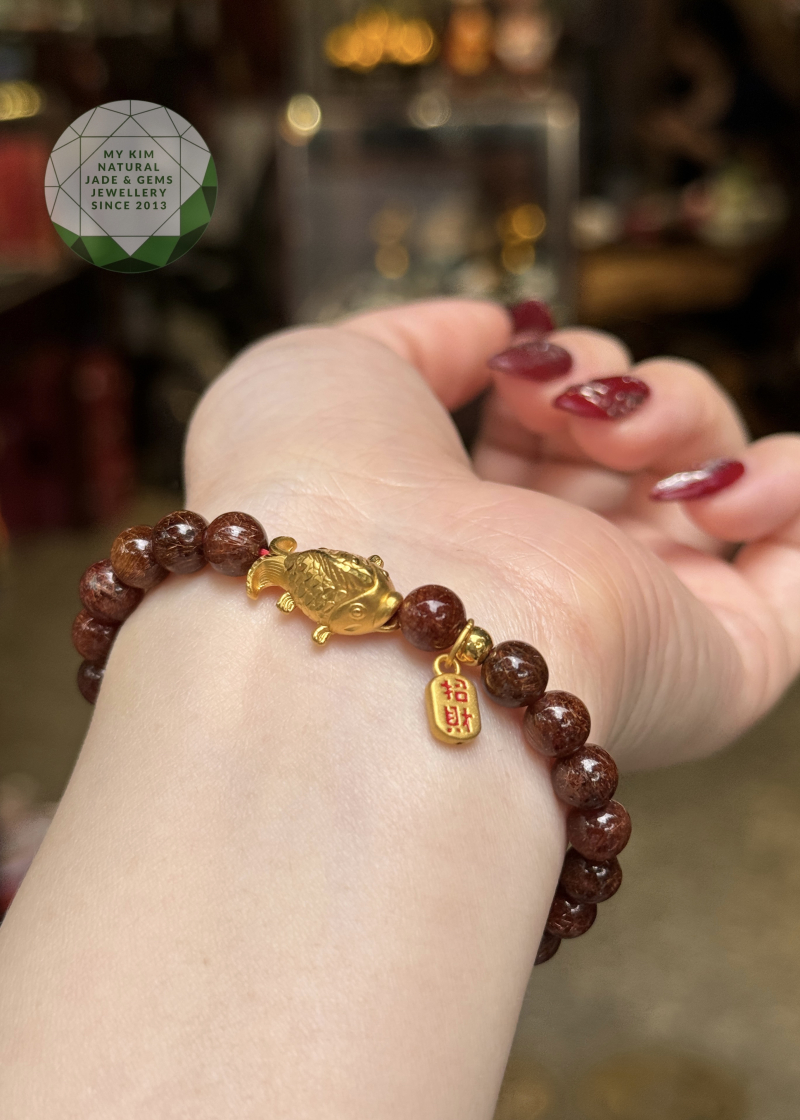 Vòng Thạch Anh Tóc Nâu Đỏ - Charm Vàng 24k Cá Chép - Nạp Phúc